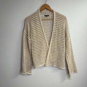 Zinzane Womens Cardigan Large Beige Open Front Knit Crochet Beachy Boho Coastal